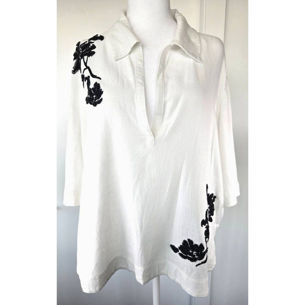 Zara Linen Viscose Emboidered Beaded 3/4 Sleeves Collar Pullover Tunic Blk White